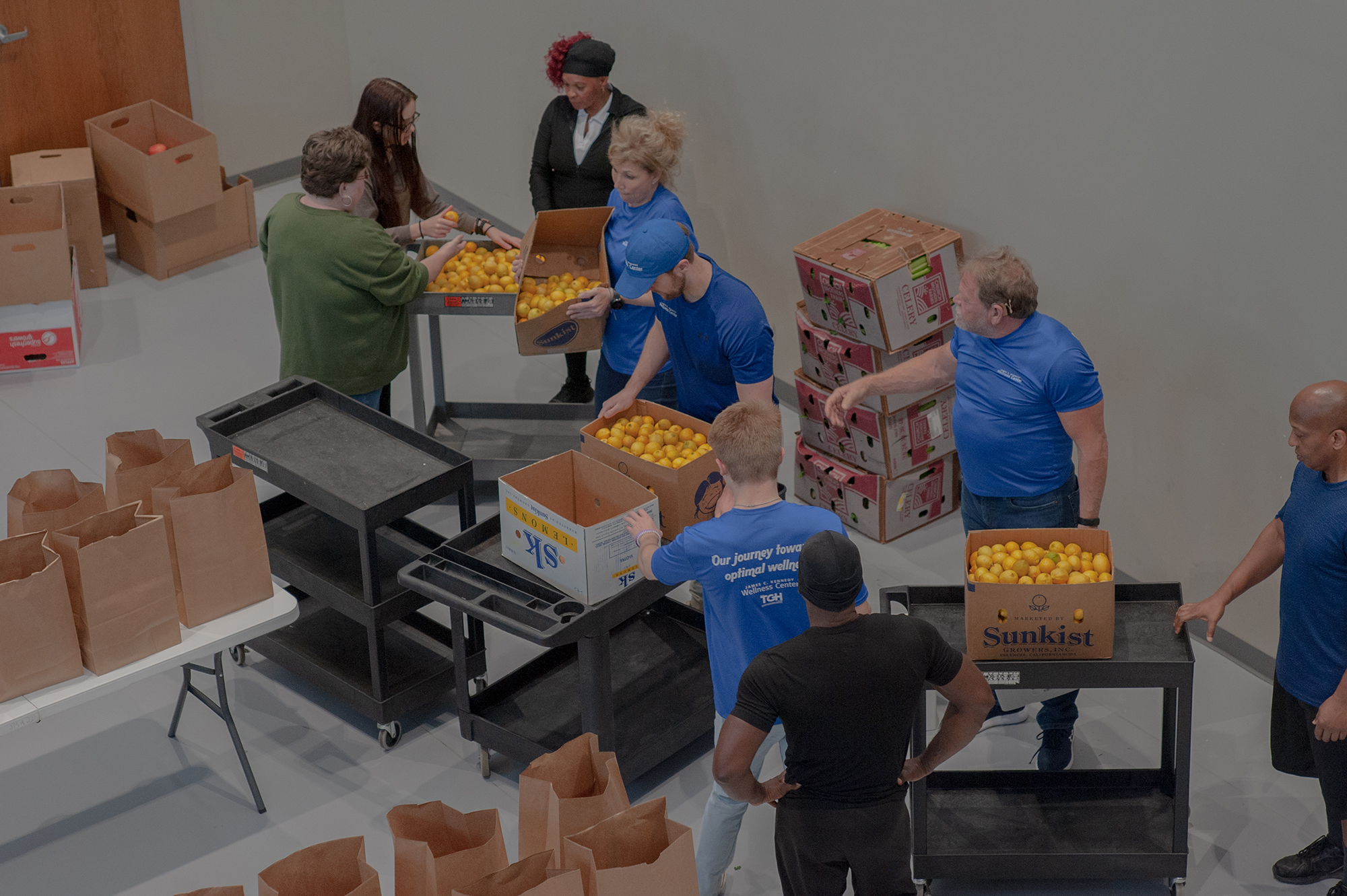 A group of volunteers sorting lemons into produce packages.