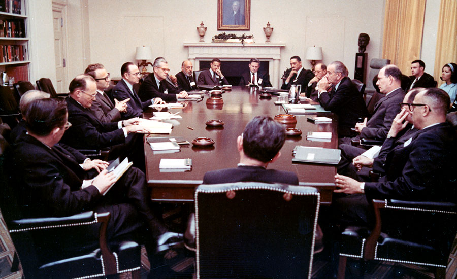 President Johnson addresses the Urban Institute Board of Directors in 1968